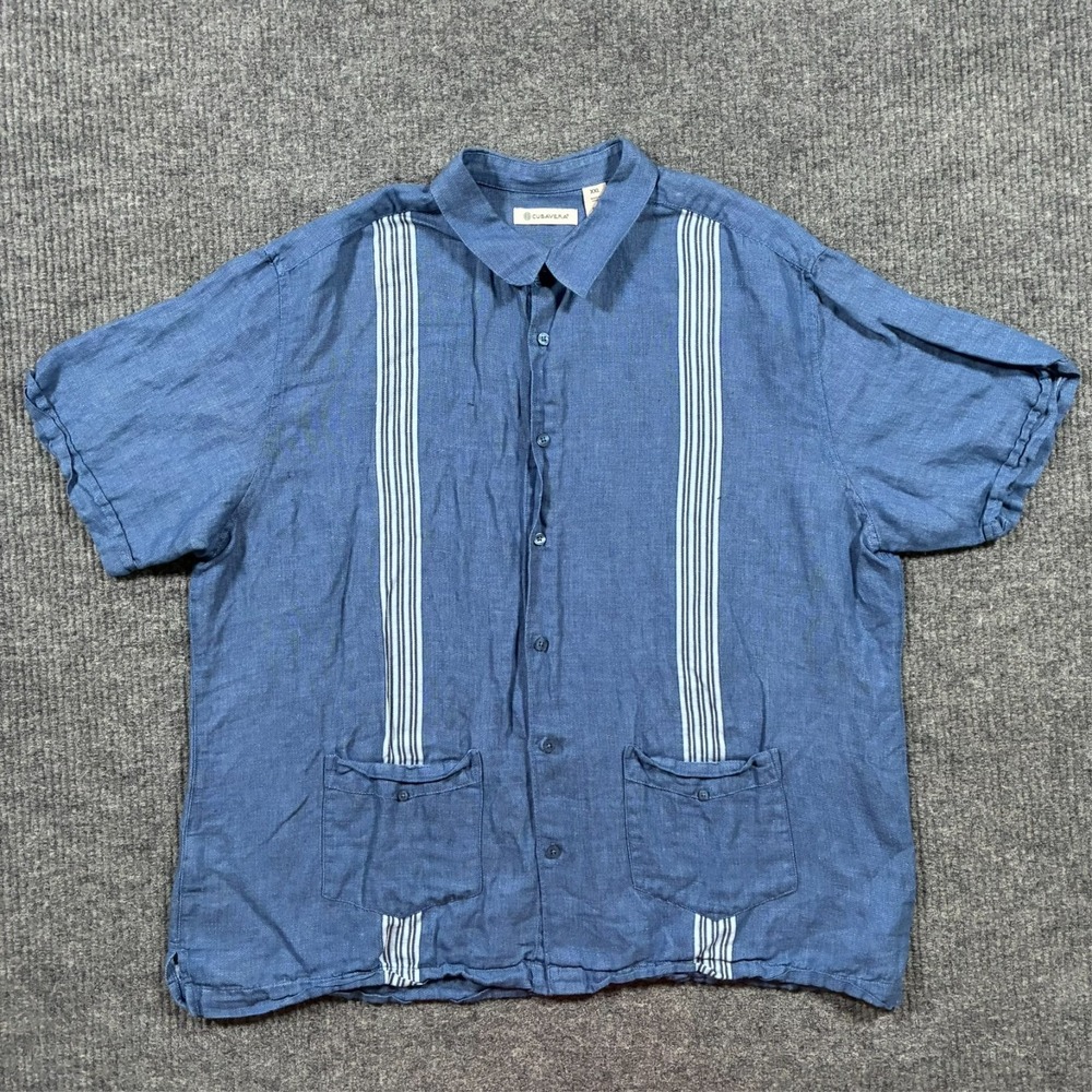 Cubavera Mens Button Up Shirt Size 2XL Blue Linen Blend Casual Short Sleeve